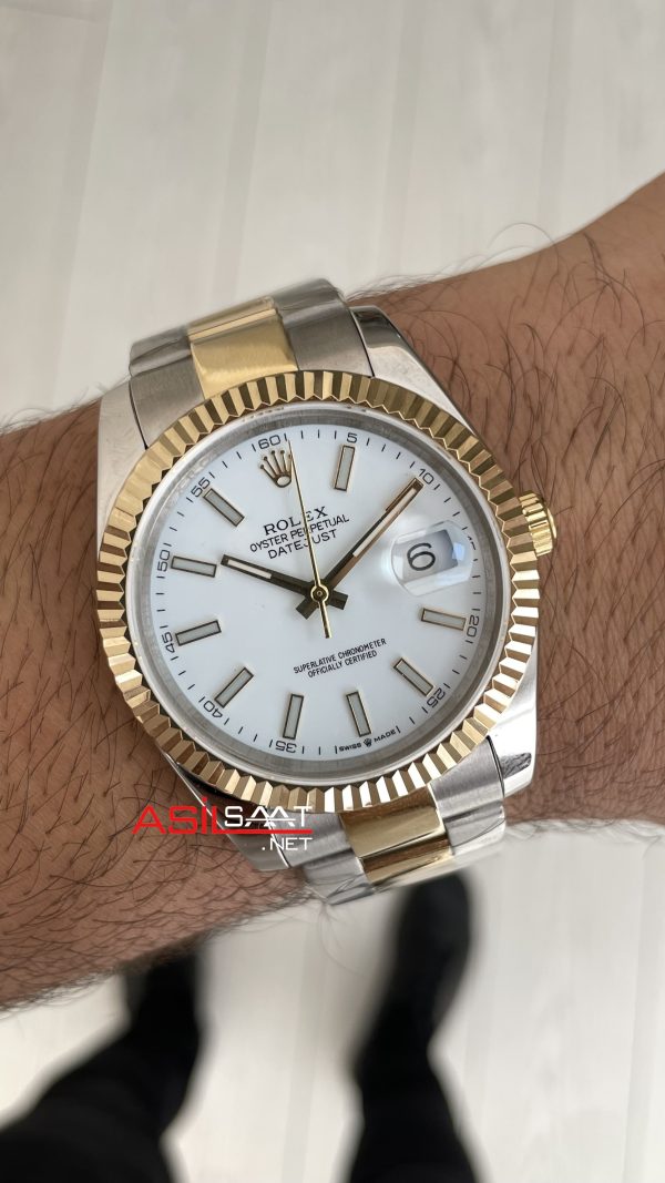 Rolex Datejust Beyaz Kadran 126333 Oyster Two Tone Gold 41mm Replika Saat