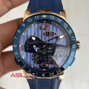 Ulysse Nardin El Toro GMT Perpetual Calendar Executive Mavi Kadran 43mm Rose Replika Saat
