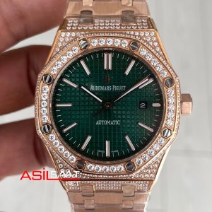Audemars Piguet Royal Oak Diamond 15400OR Rose Yeşil Kadran Replika Saat