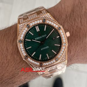 Audemars Piguet Royal Oak Diamond 15400OR Rose Yeşil Kadran Replika Saat
