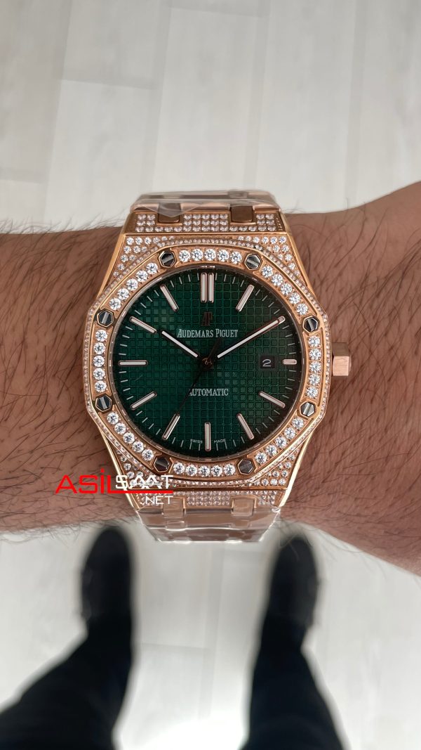 Audemars Piguet Royal Oak Diamond 15400OR Rose Yeşil Kadran Replika Saat