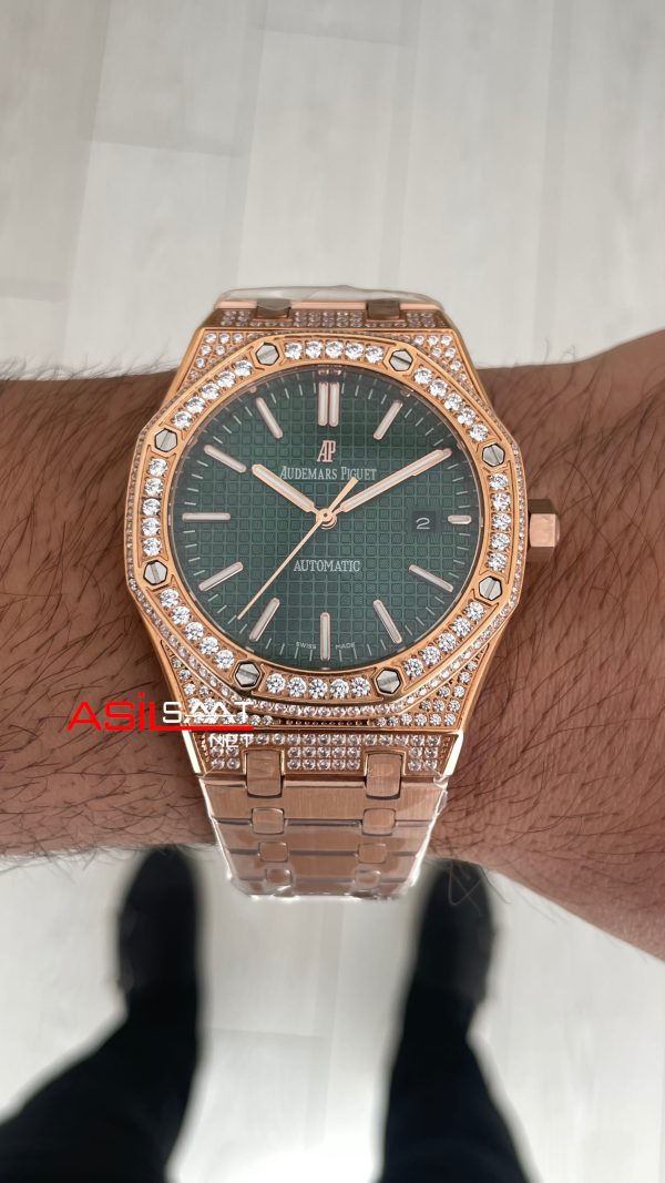 Audemars Piguet Royal Oak Diamond 15400OR Rose Yeşil Kadran Replika Saat