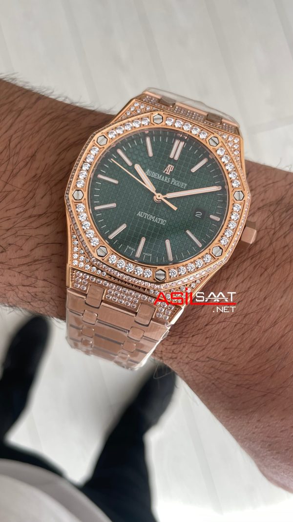Audemars Piguet Royal Oak Diamond 15400OR Rose Yeşil Kadran Replika Saat