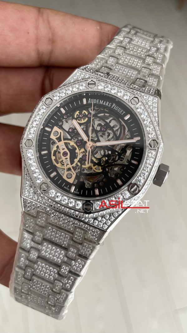 Audemars Piguet Royal Oak Skeleton 15407ST Double Balance iskelet Diamond Silver Replika Saat