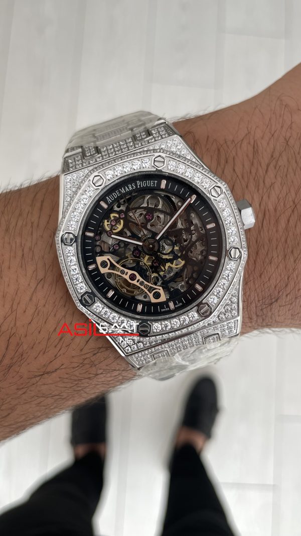 Audemars Piguet Royal Oak Skeleton 15407ST Double Balance iskelet Diamond Silver Replika Saat