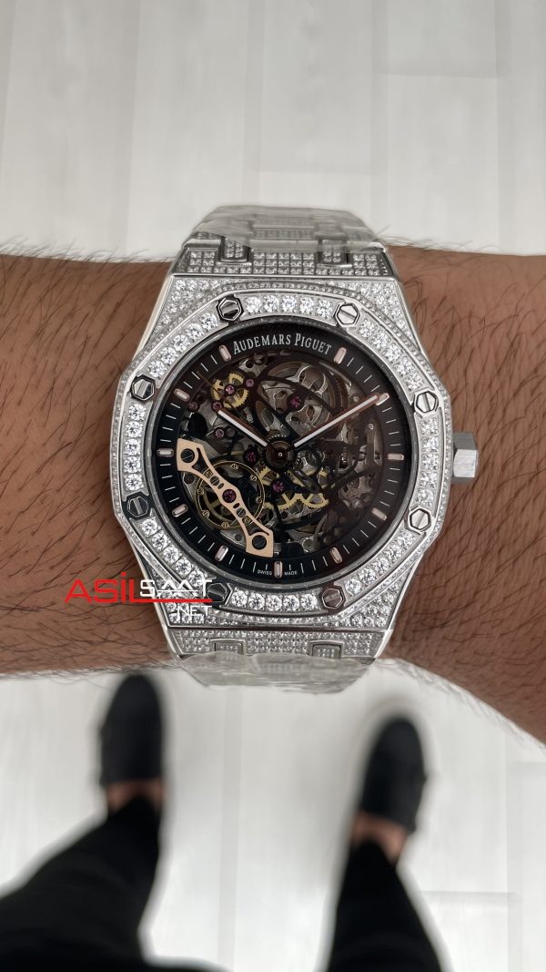 Audemars Piguet Royal Oak Skeleton 15407ST Double Balance iskelet Diamond Silver Replika Saat