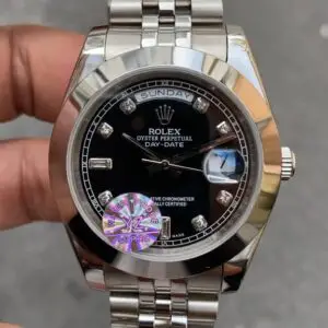 Rolex Day Date Diamond Siyah Kadran 40 mm 118206 Smooth Bezel Silver Replika Saat ROLDD014