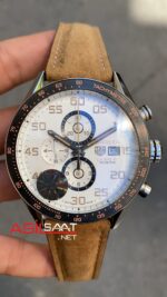 TAG Heuer Carrera Calibre 16 Beyaz Kadran Kahverengi Deri Kordon