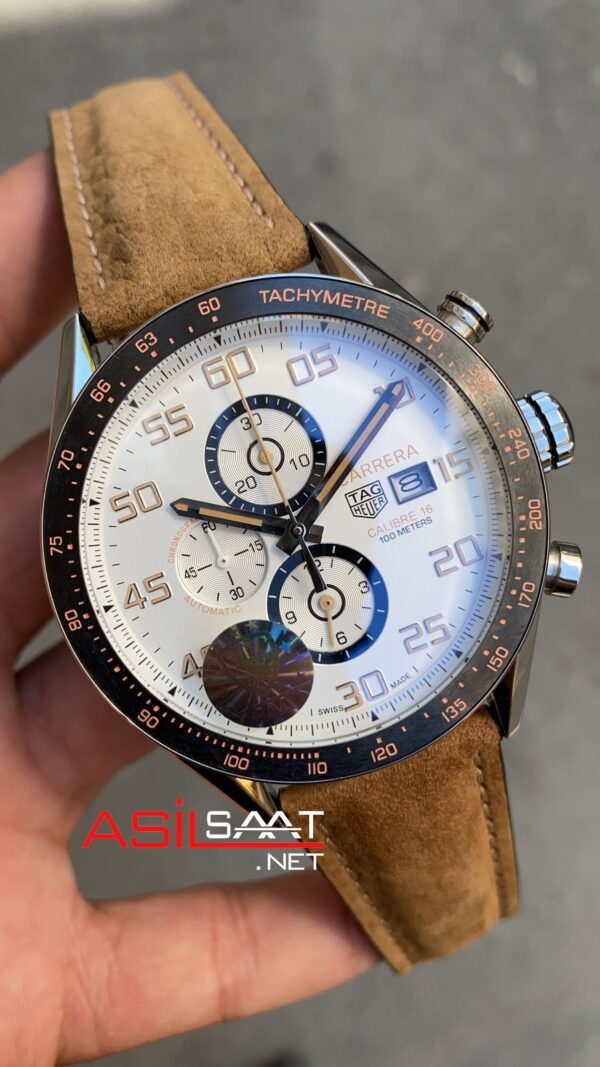 TAG Heuer Carrera Calibre 16 Beyaz Kadran Kahverengi Deri Kordon