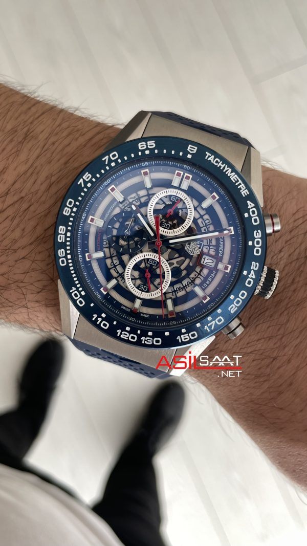 TAG Heuer Carrera Calibre Heuer 01 Skeleton Chronograph 44mm Mavi Kadran Replika Saat