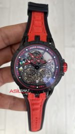 Roger Dubuis Excalibur Spider Pirelli Double Flying Tourbillon Kırmızı PVD Black 48mm Replika Saat