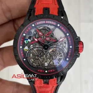 Roger Dubuis Excalibur Spider Pirelli Double Flying Tourbillon Kırmızı PVD Black 48mm Replika Saat