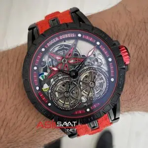 Roger Dubuis Excalibur Spider Pirelli Double Flying Tourbillon Kırmızı PVD Black 48mm Replika Saat