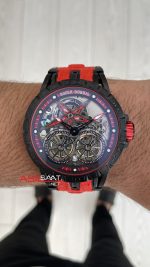 Roger Dubuis Excalibur Spider Pirelli Double Flying Tourbillon Kırmızı PVD Black 48mm Replika Saat