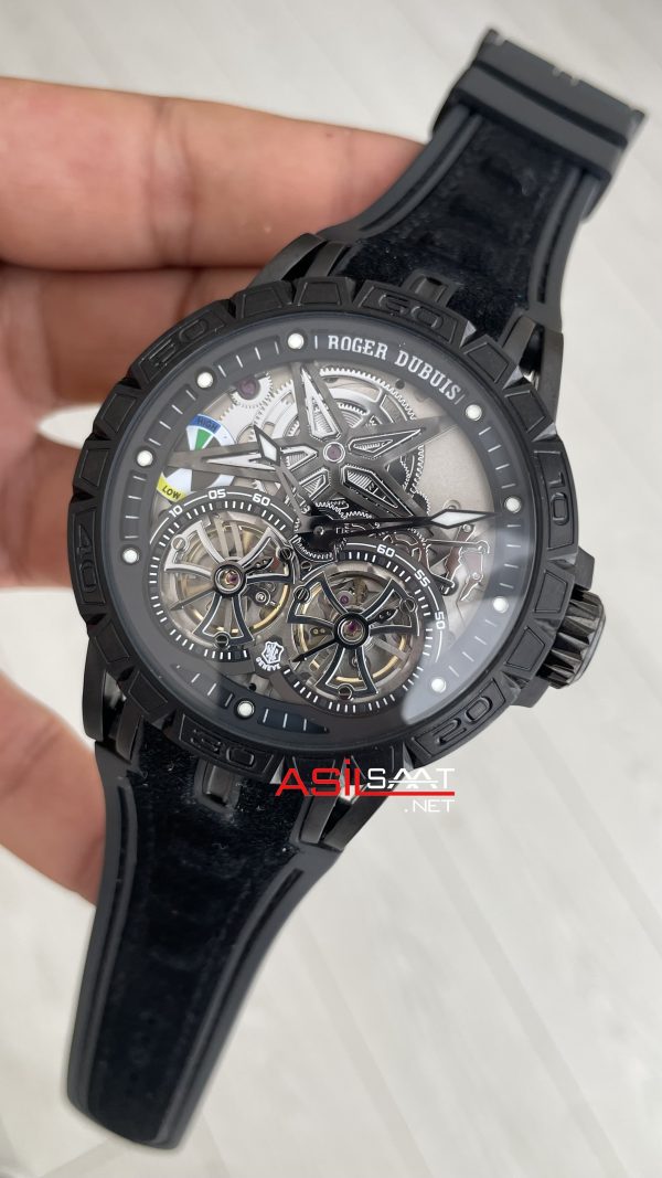 Roger Dubuis Excalibur Spider Pirelli Double Flying Tourbillon PVD Black 48mm Replika Saat