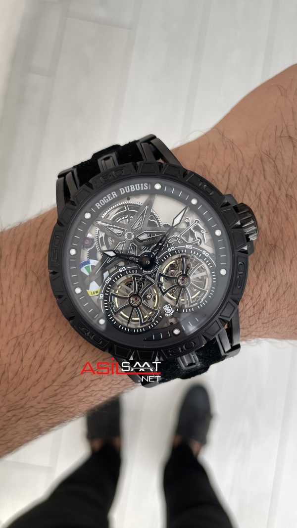Roger Dubuis Excalibur Spider Pirelli Double Flying Tourbillon PVD Black 48mm Replika Saat