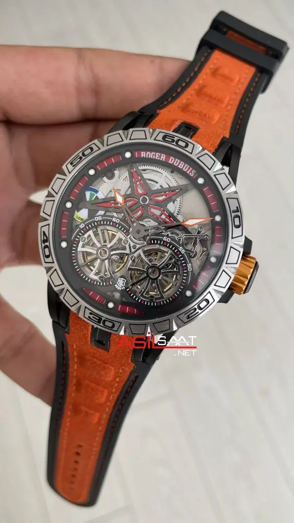 Roger Dubuis Excalibur Spider Pirelli Double Flying Tourbillon Turuncu 48mm Replika Saat