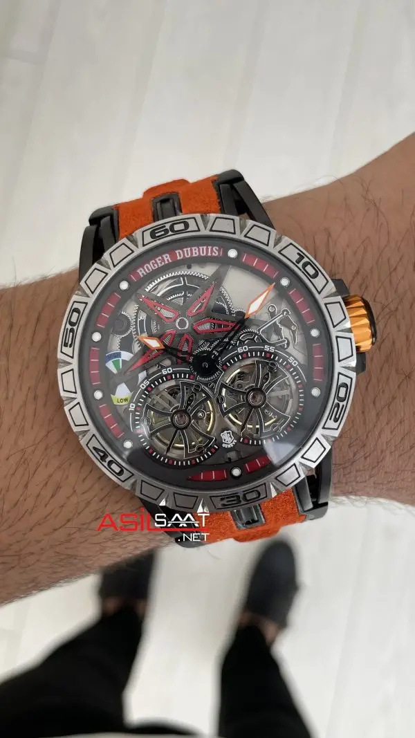 Roger Dubuis Excalibur Spider Pirelli Double Flying Tourbillon Turuncu 48mm Replika Saat