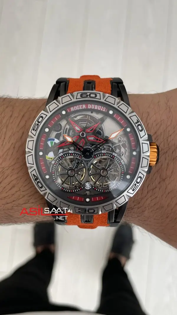 Roger Dubuis Excalibur Spider Pirelli Double Flying Tourbillon Turuncu 48mm Replika Saat