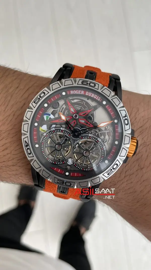 Roger Dubuis Excalibur Spider Pirelli Double Flying Tourbillon Turuncu 48mm Replika Saat