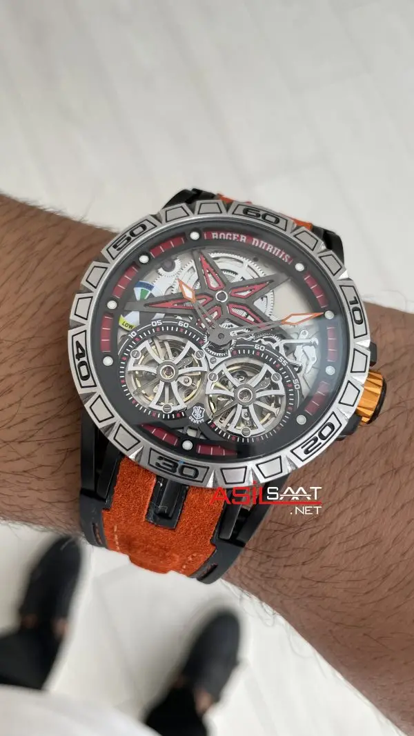 Roger Dubuis Excalibur Spider Pirelli Double Flying Tourbillon Turuncu 48mm Replika Saat