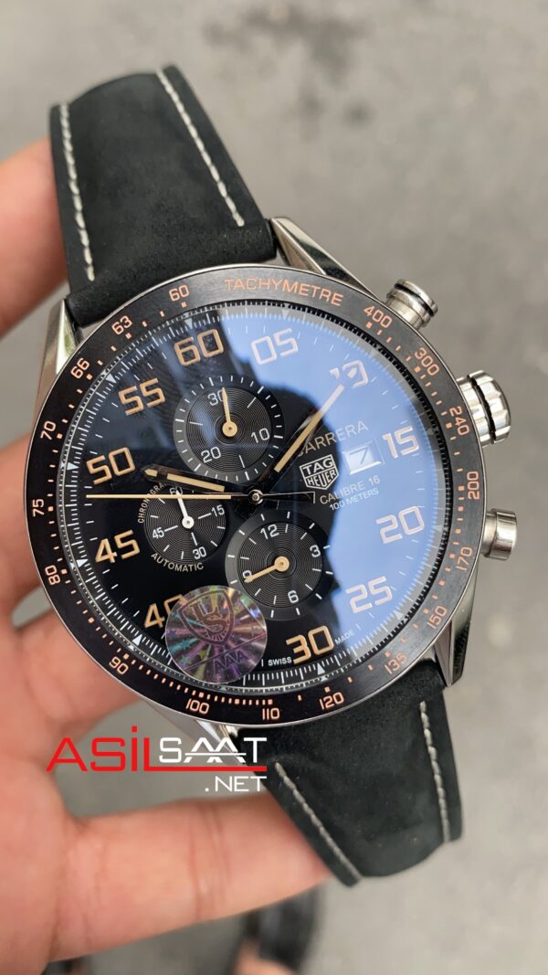 TAG Heuer Carrera Calibre16 Siyah Kadran Seramik Bezel Deri Süvet Kordon