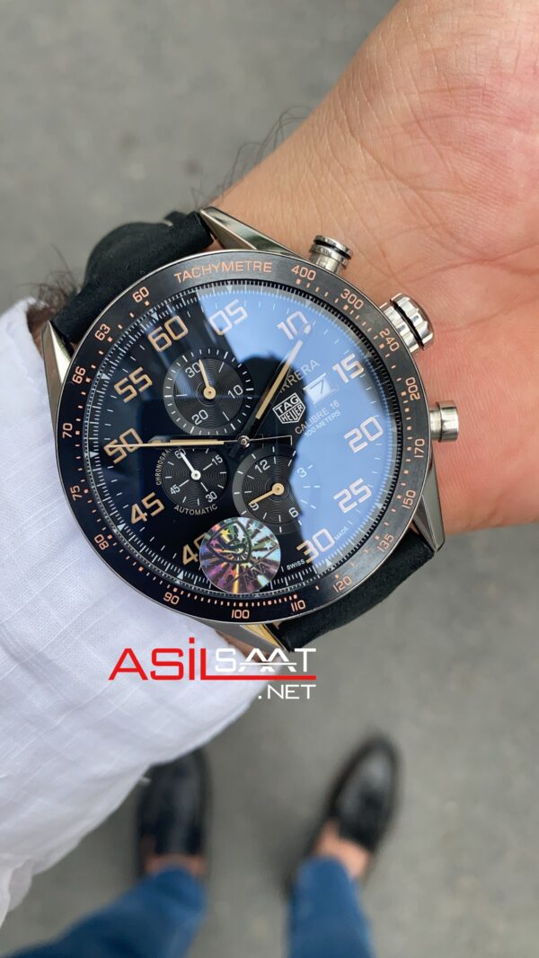 TAG Heuer Carrera Calibre16 Siyah Kadran Seramik Bezel Deri Süvet Kordon