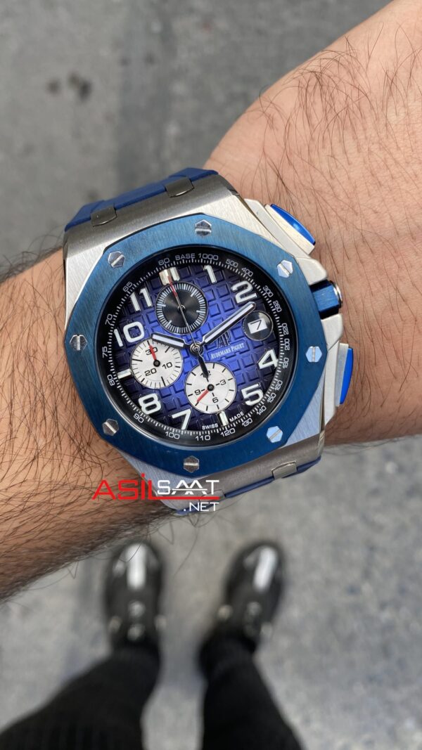 Audemars Piguet Royal Oak Offshore Chronograph 43 mm Mavi Kadran 26400SO Blue Replika Saat APOS008 Audemars Piguet Royal Oak Offshore Chronograph 43 mm Mavi Kadran 26400SO Blue Replika Saat APOS008