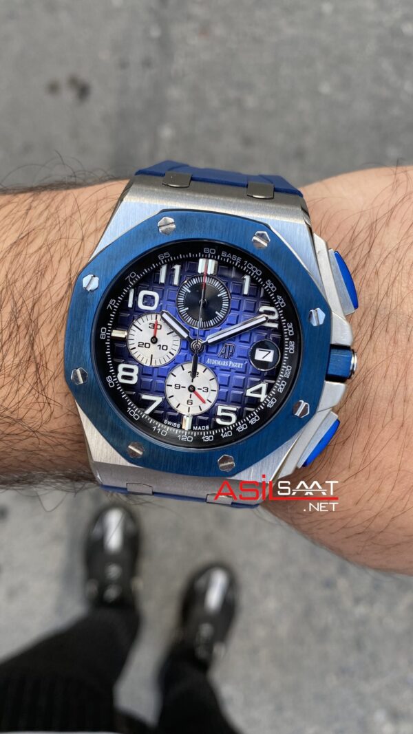 Audemars Piguet Royal Oak Offshore Chronograph 43 mm Mavi Kadran 26400SO Blue Replika Saat APOS008 Audemars Piguet Royal Oak Offshore Chronograph 43 mm Mavi Kadran 26400SO Blue Replika Saat APOS008