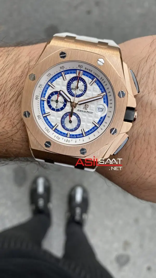 Audemars Piguet Royal Oak Offshore Chronograph Summer 43 mm Beyaz Kadran 26408OR Rosegold Replika Saat APOS006