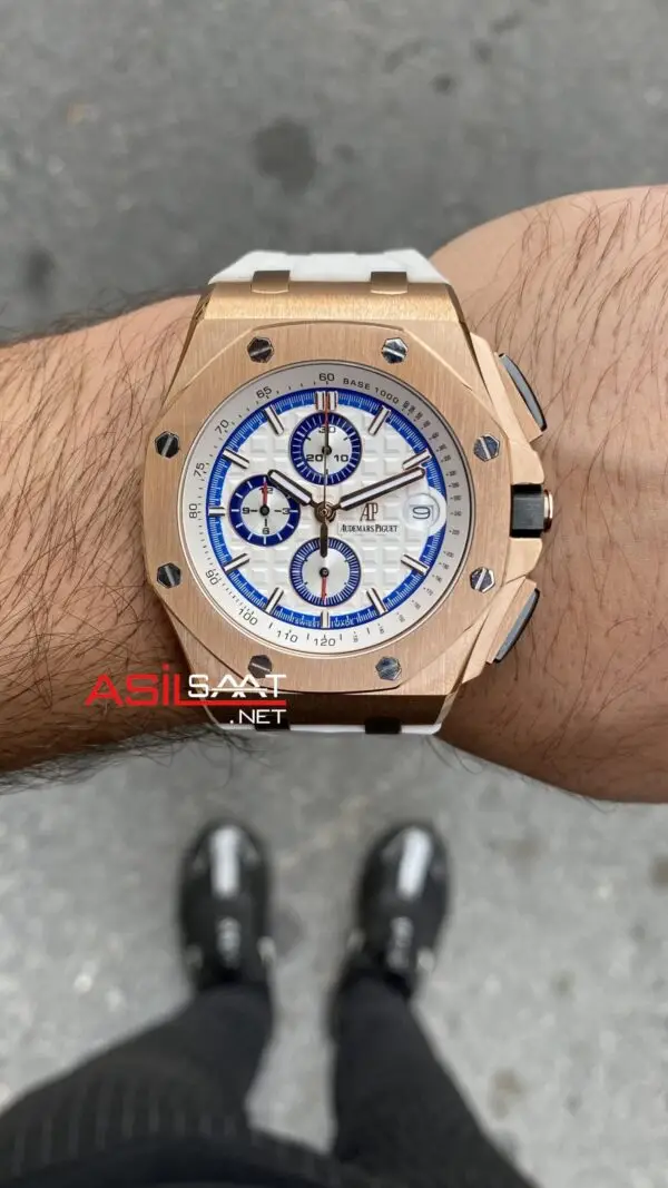Audemars Piguet Royal Oak Offshore Chronograph Summer 43 mm Beyaz Kadran 26408OR Rosegold Replika Saat APOS006