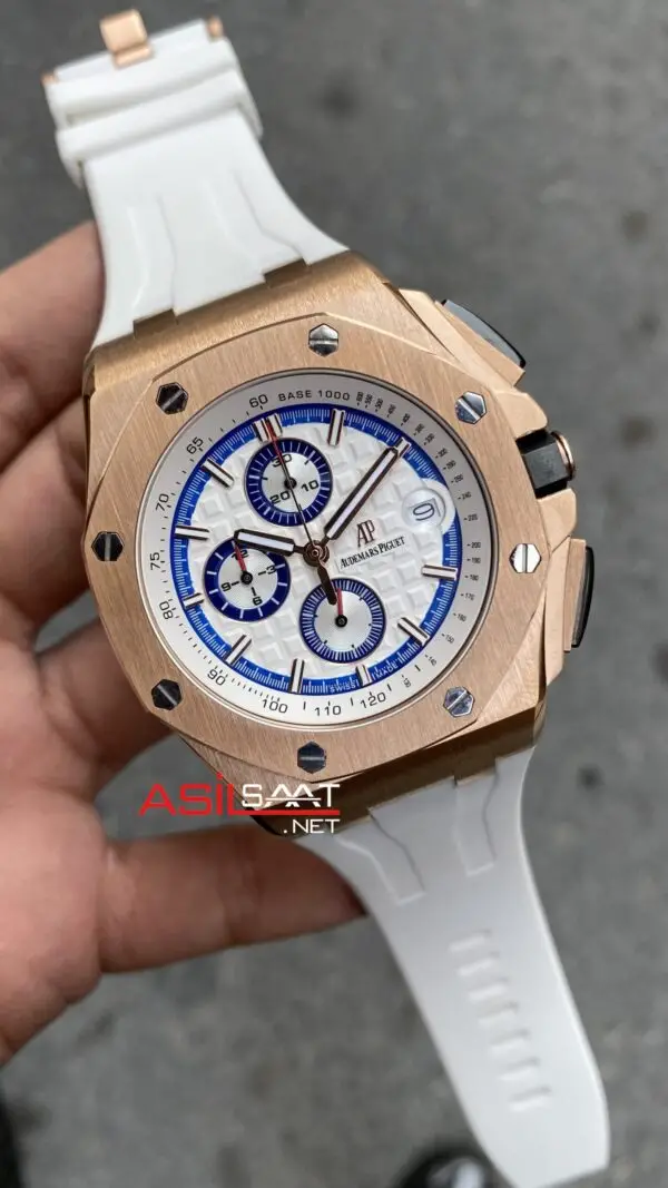 Audemars Piguet Royal Oak Offshore Chronograph Summer 43 mm Beyaz Kadran 26408OR Rosegold Replika Saat APOS006