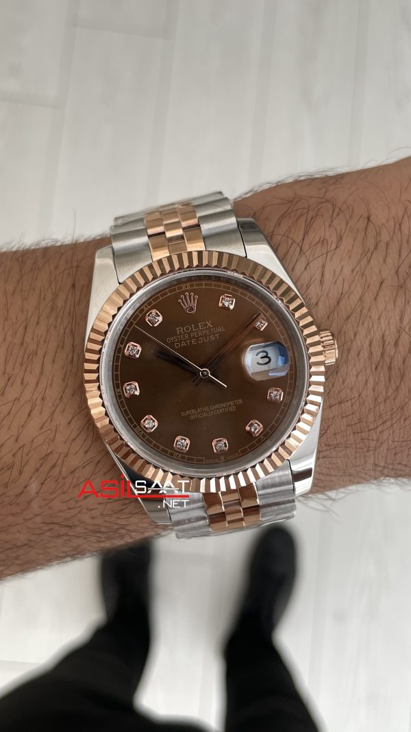 Rolex Datejust Chocolate Jubilee 126331 Two Tone Rose 41mm Kahverengi Taşlı Kadran Replika Saat