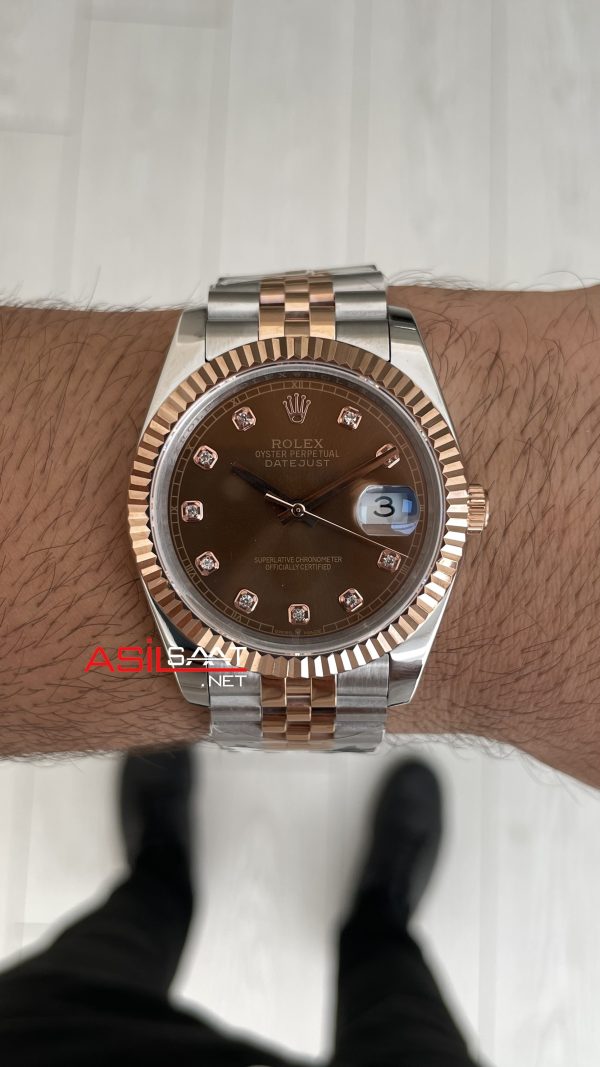 Rolex Datejust Chocolate Jubilee 126331 Two Tone Rose 41mm Kahverengi Taşlı Kadran Replika Saat