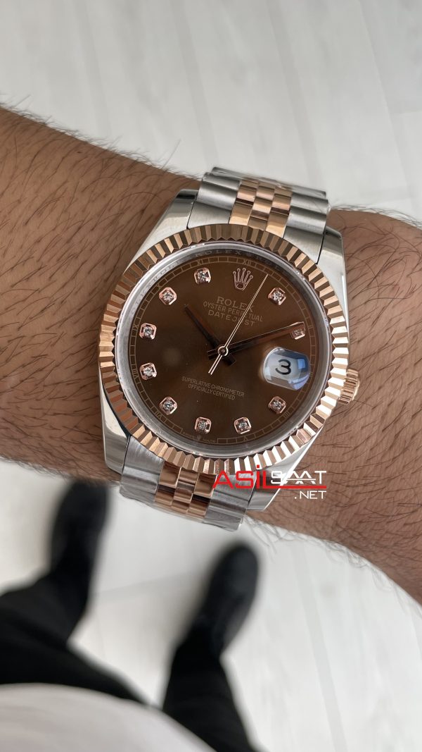 Rolex Datejust Chocolate Jubilee 126331 Two Tone Rose 41mm Kahverengi Taşlı Kadran Replika Saat