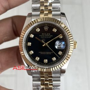 Rolex Datejust Siyah Taşlı 126333 Jubilee Diamond Black Dial Two Tone Gold Black 41mm Replika Saat