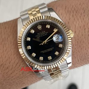 Rolex Datejust Siyah Taşlı 126333 Jubilee Diamond Black Dial Two Tone Gold Black 41mm Replika Saat