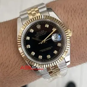 Rolex Datejust Siyah Taşlı 126333 Jubilee Diamond Black Dial Two Tone Gold Black 41mm Replika Saat