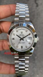 Rolex Day Date Diamond Beyaz Kadran 40 mm 118206 Smooth Bezel Silver Replika Saat ROLDD015