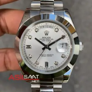 Rolex Day Date Diamond Beyaz Kadran 40 mm 118206 Smooth Bezel Silver Replika Saat ROLDD015