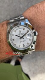 Rolex Day Date Diamond Beyaz Kadran 40 mm 118206 Smooth Bezel Silver Replika Saat ROLDD015