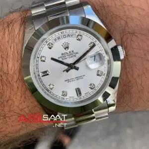 Rolex Day Date Diamond Beyaz Kadran 40 mm 118206 Smooth Bezel Silver Replika Saat ROLDD015