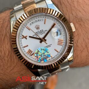 Rolex Day Date Oyster Beyaz Kadran 40 mm 228239 Silver Rose Gold Replika Saat ROLDD044