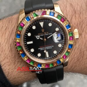 Rose Rolex Yacht Master Rainbow 116695 SATS Gem Stones Rose Gold Replika Saat
