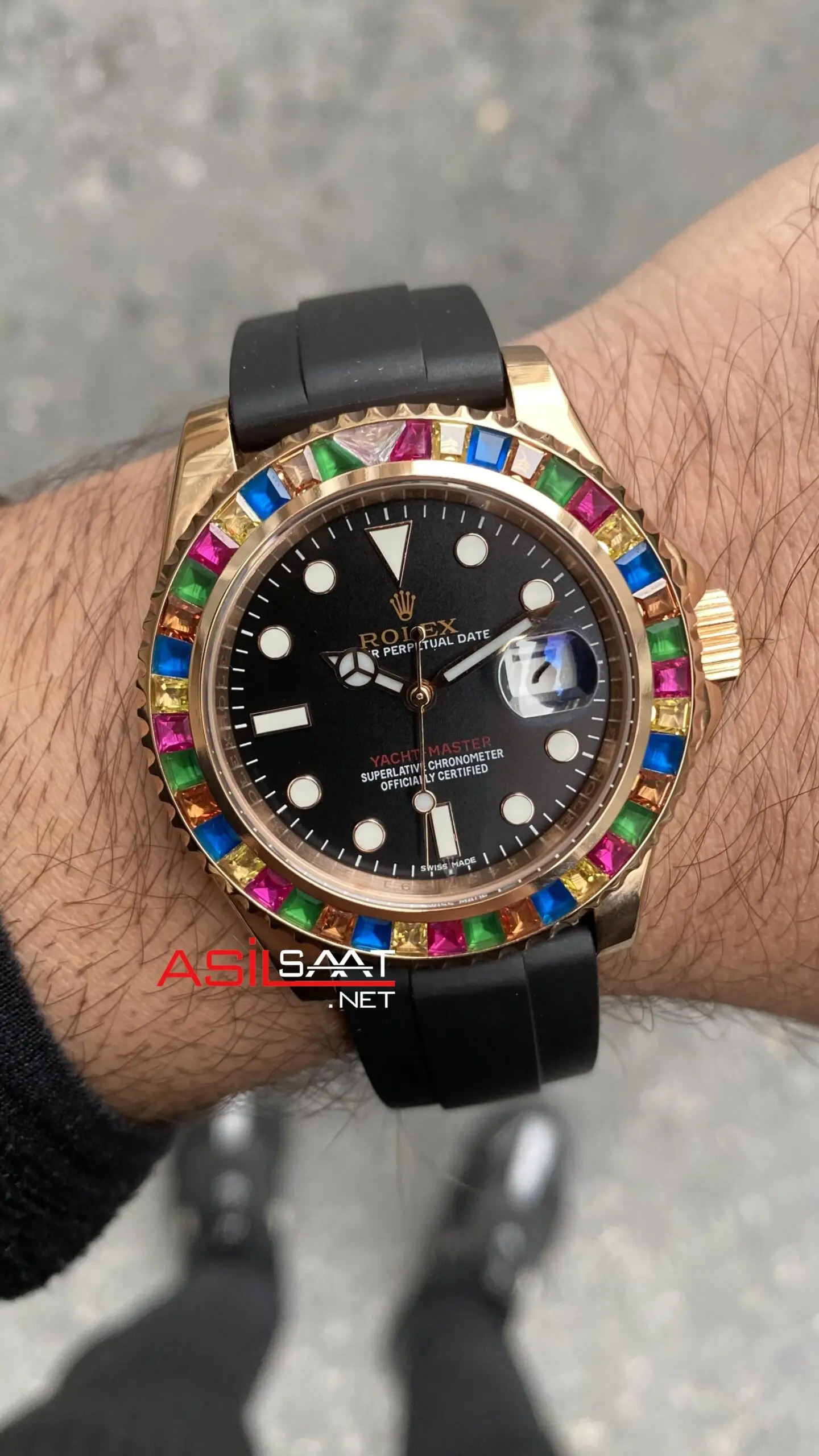 Rose Rolex Yacht Master Rainbow 116695 SATS Gem Stones Rose Gold Replika Saat