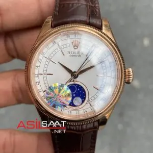 Rolex Cellini Moonphase Beyaz Kadran 39 mm 50535 Rosegold Replika Saat ROLCE002
