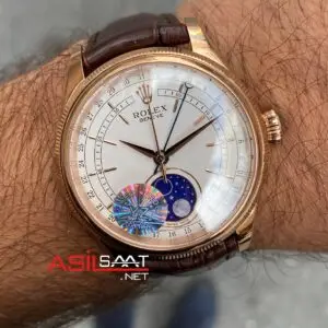 Rolex Cellini Moonphase Beyaz Kadran 39 mm 50535 Rosegold Replika Saat ROLCE002