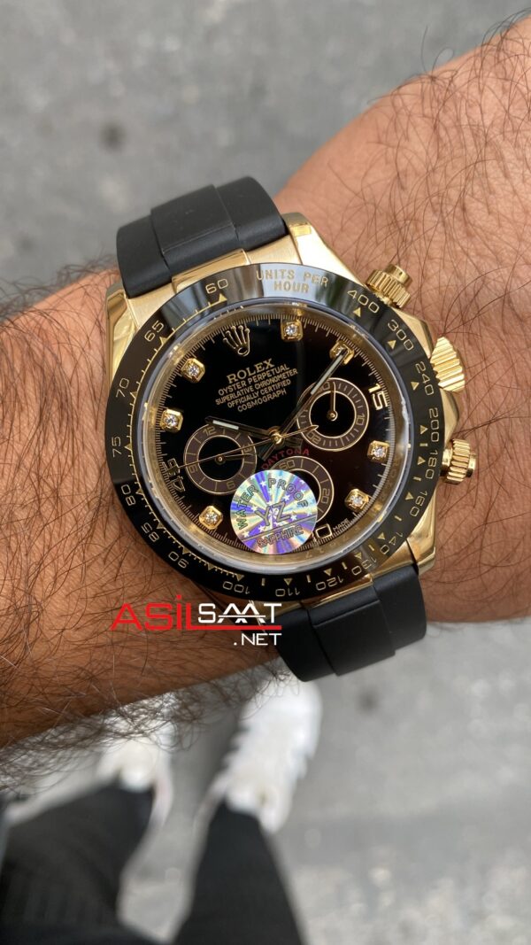 Rolex Cosmograph Daytona Diamond Siyah Kadran 40 mm 116518 Rubber Oysterflex Black Gold Replika Saat ROLDA028