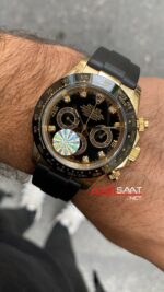 Rolex Cosmograph Daytona Diamond Siyah Kadran 40 mm 116518 Rubber Oysterflex Black Gold Replika Saat ROLDA028