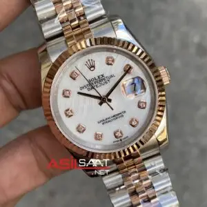 Rolex Datejust 36 mm Sedef Beyaz Taşlı Kadran Kadın Kol Saati Two Tone White Diamond Dial Jubilee